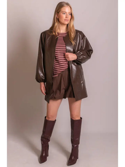 Faux Leather Billowy Sleeve Jacket
