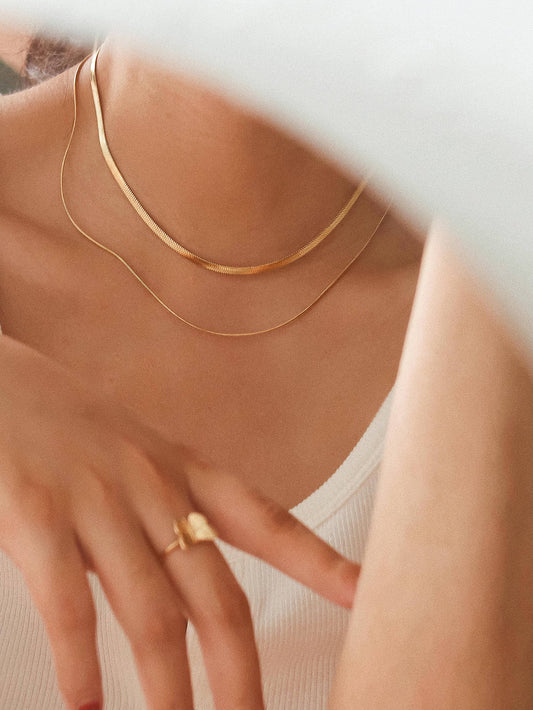 18K Gold Non-Tarnish Layered Snake Chain Necklace: Yellow Gold