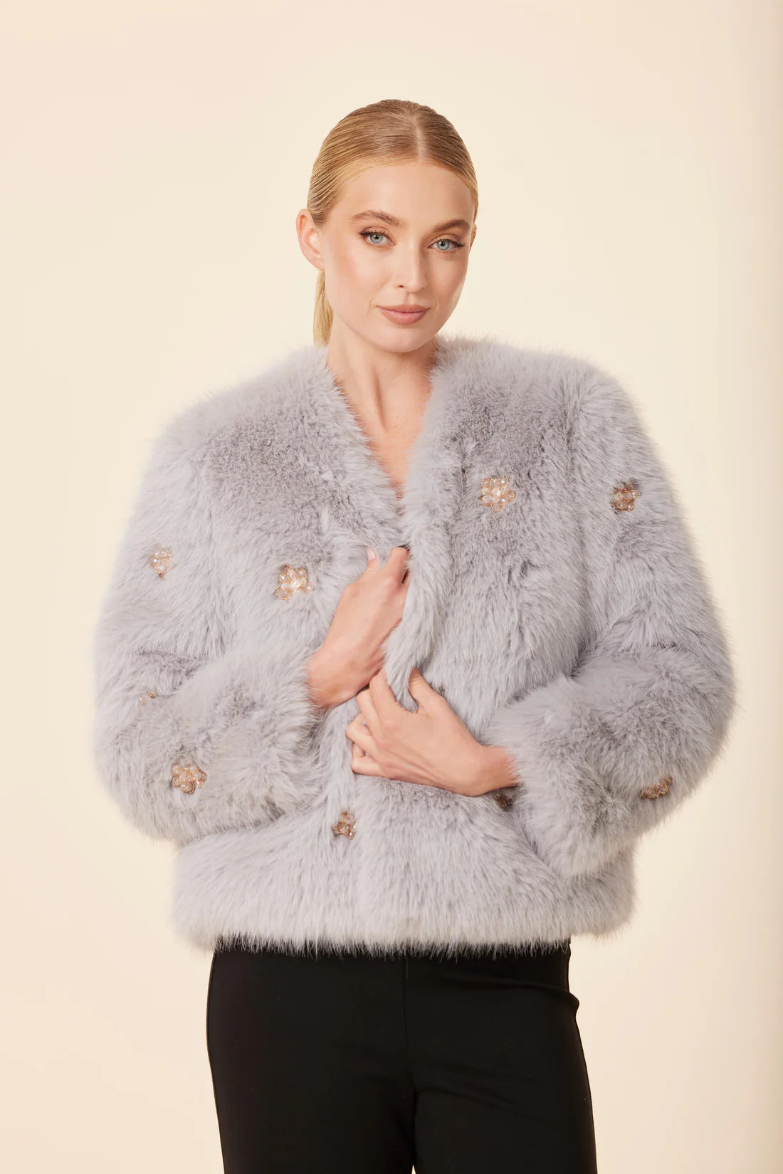 Embellished Rhinestone Flowers Faux Fur Jacket
