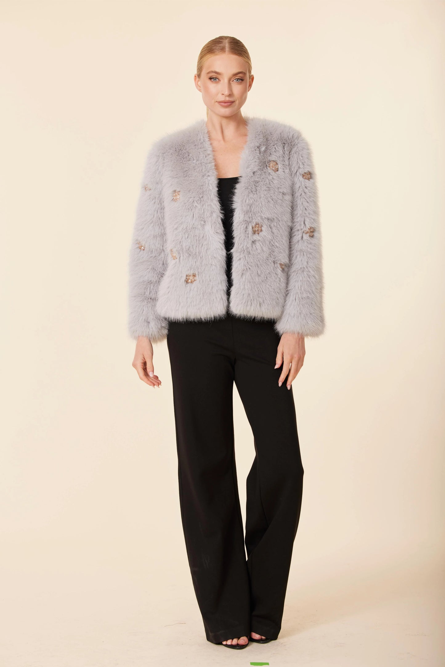 Embellished Rhinestone Flowers Faux Fur Jacket