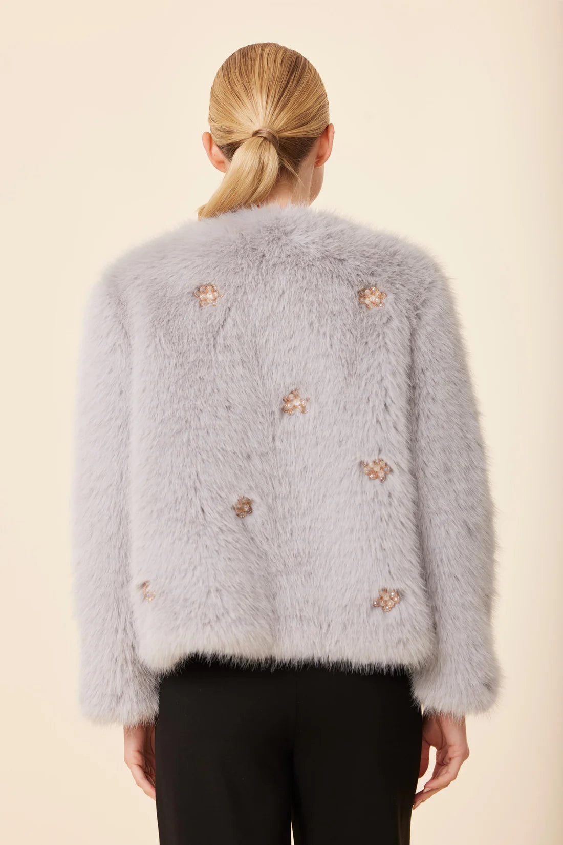 Embellished Rhinestone Flowers Faux Fur Jacket