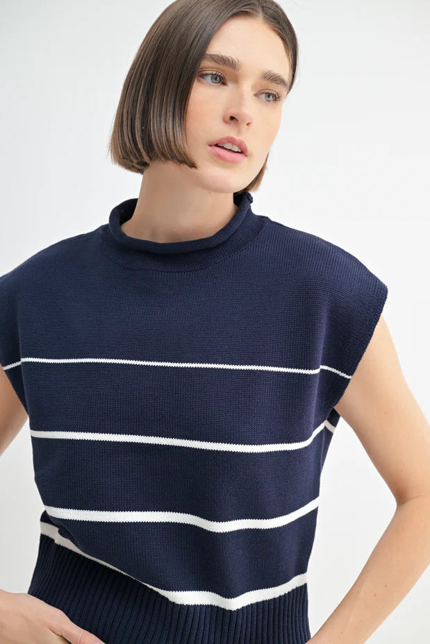 Mock Neck Sweater Navy, White Stripes