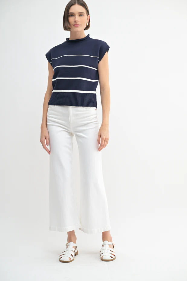 Mock Neck Sweater Navy, White Stripes