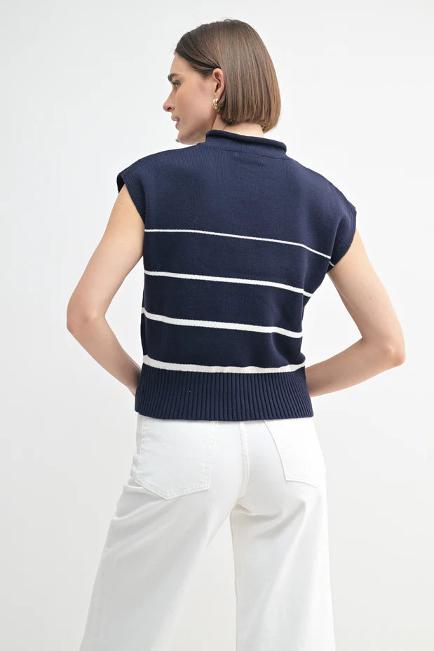 Mock Neck Sweater Navy, White Stripes