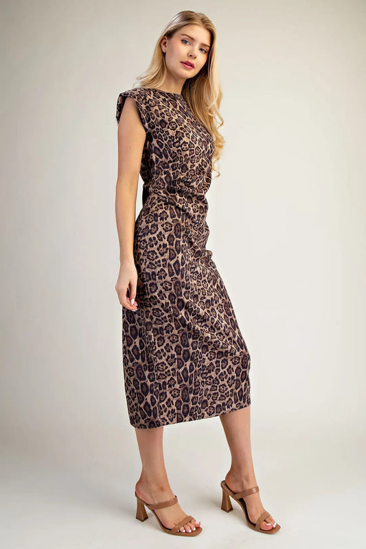 Round Neck S/L Animal Print Midi Dress