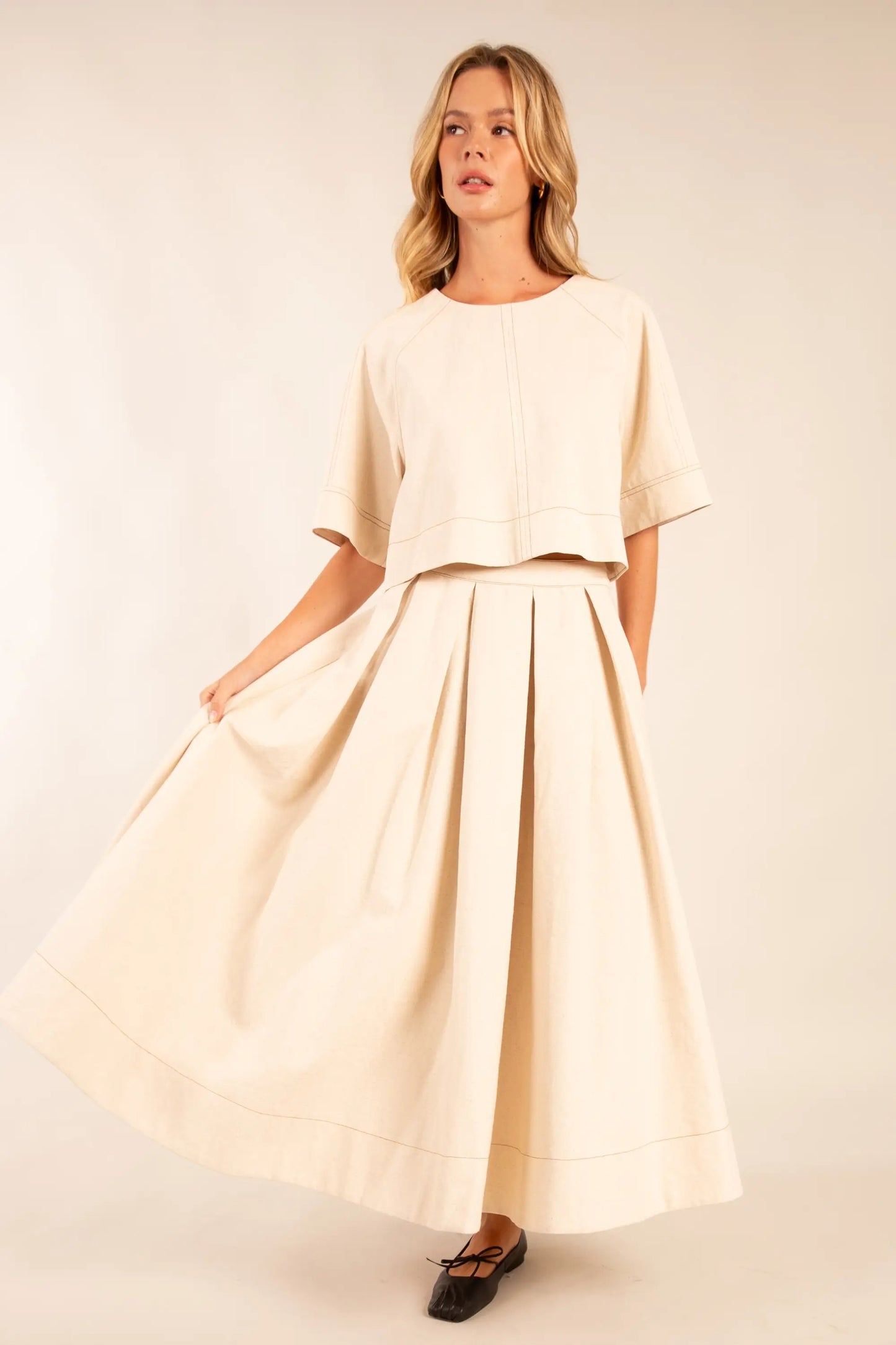 High-Waisted Pleated Latte Maxi Skirt