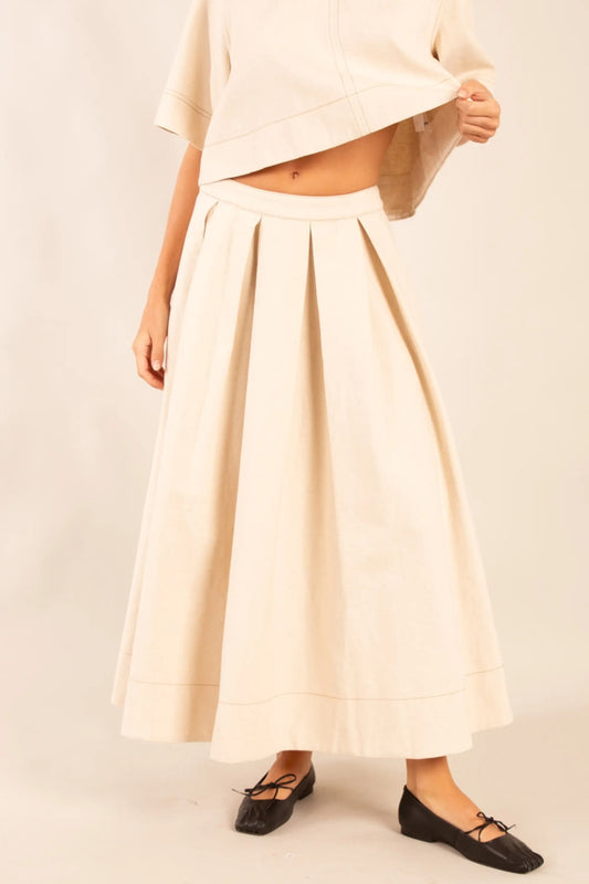 High-Waisted Pleated Latte Maxi Skirt