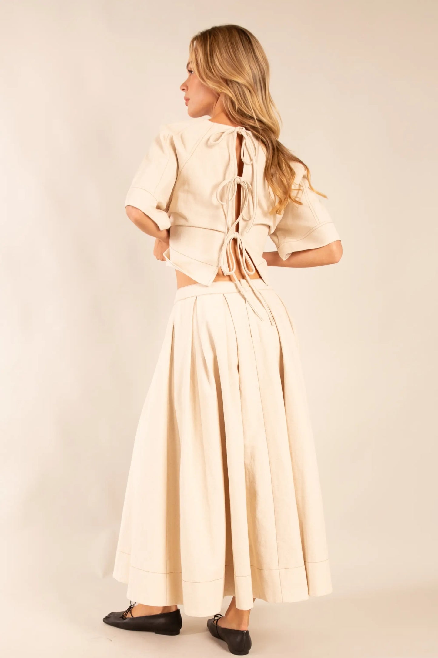 High-Waisted Pleated Latte Maxi Skirt