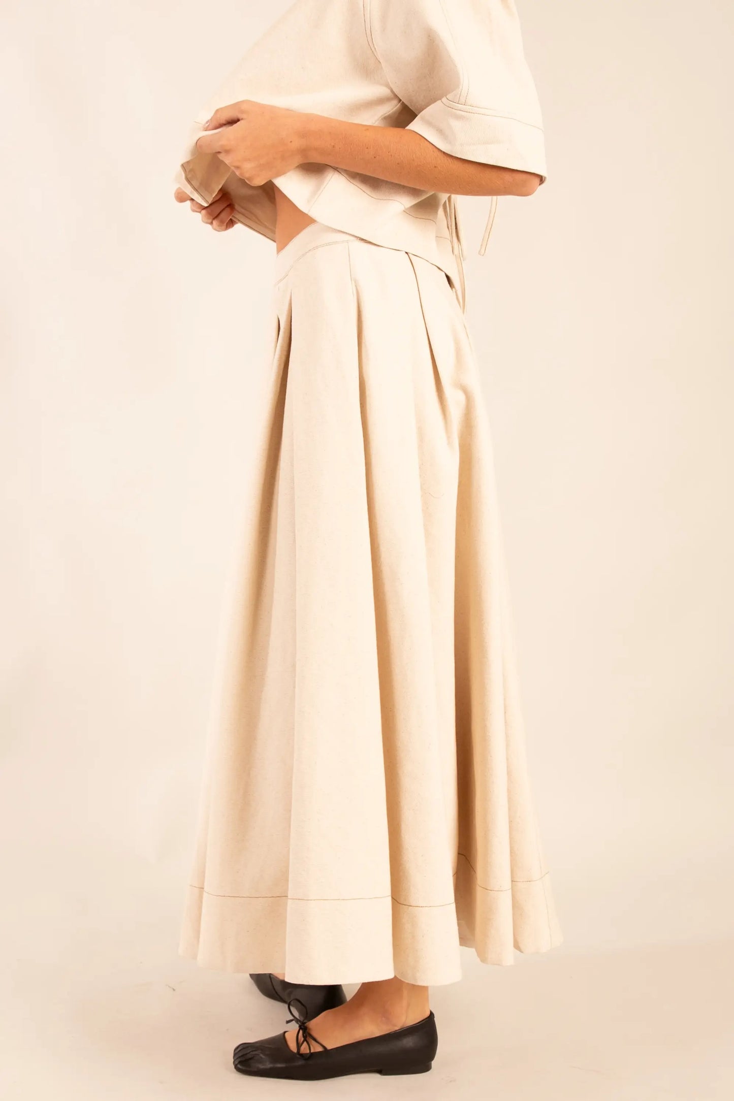 High-Waisted Pleated Latte Maxi Skirt