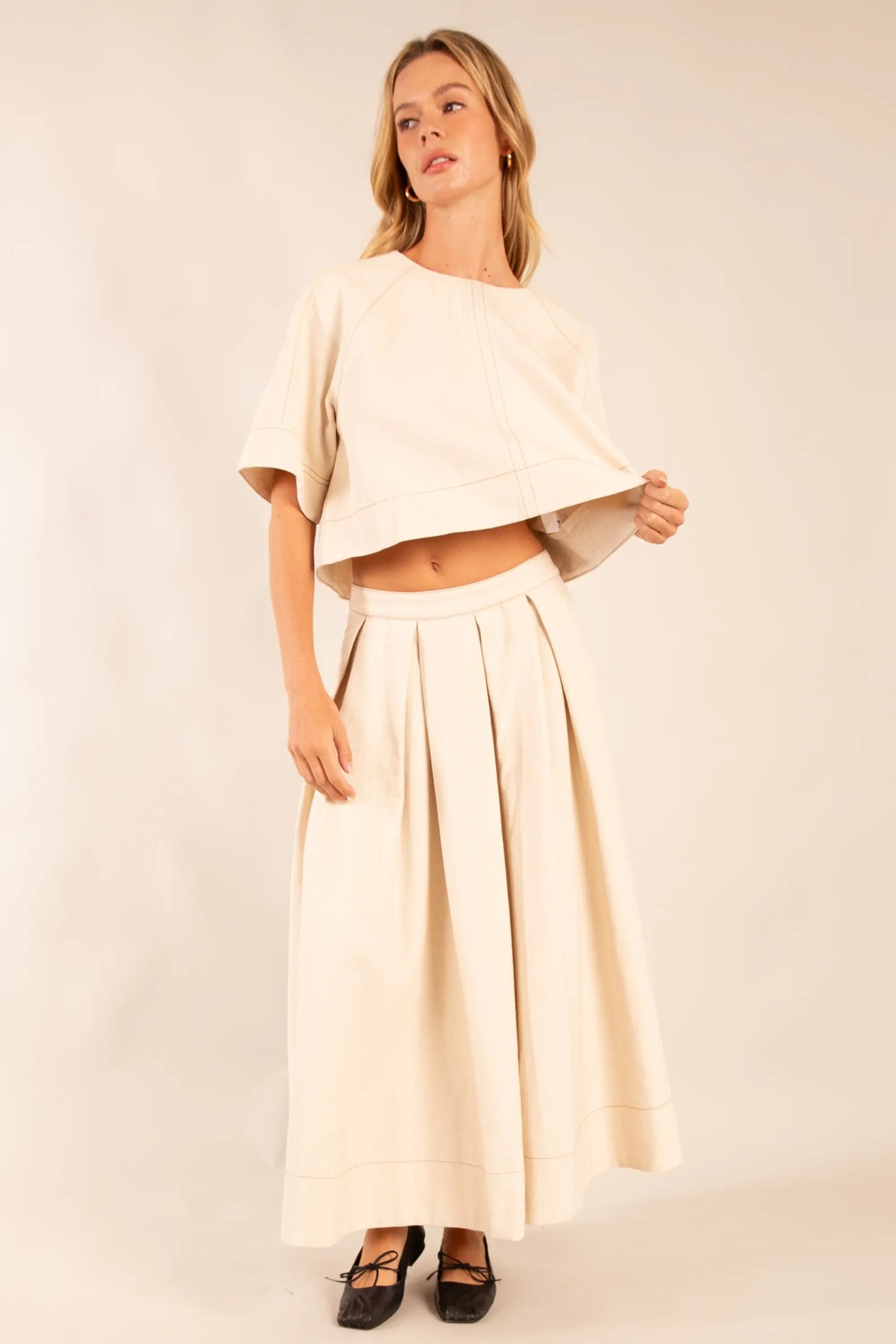 High-Waisted Pleated Latte Maxi Skirt