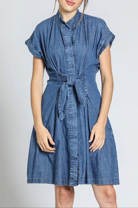 Button-front Shirt Dress w/ Ties- Indigo