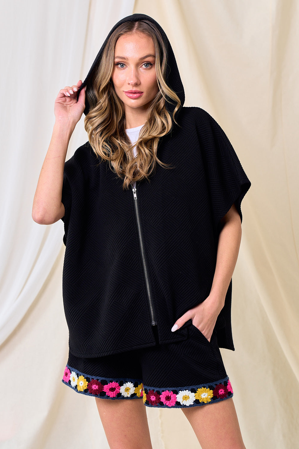 Black Textured Hooded Top