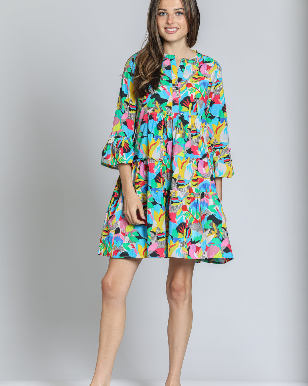 Tiered Tunic Dress w/Flounce Sleeve Blue Multi