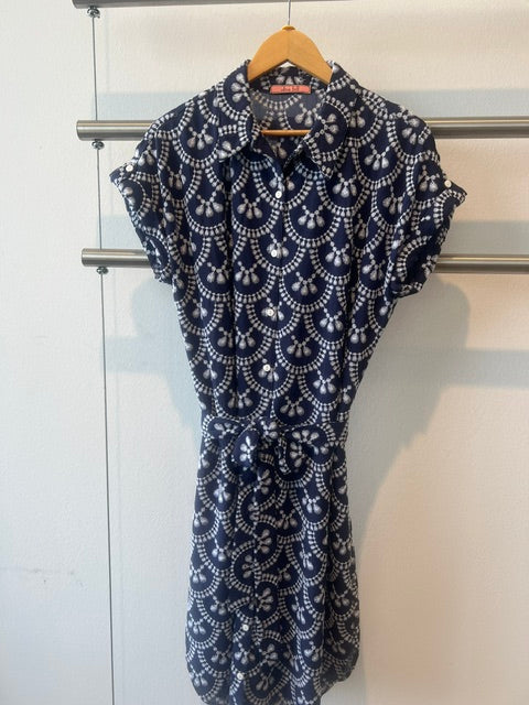 Embroidered Eyelet Navy/Wht. Belted Dress