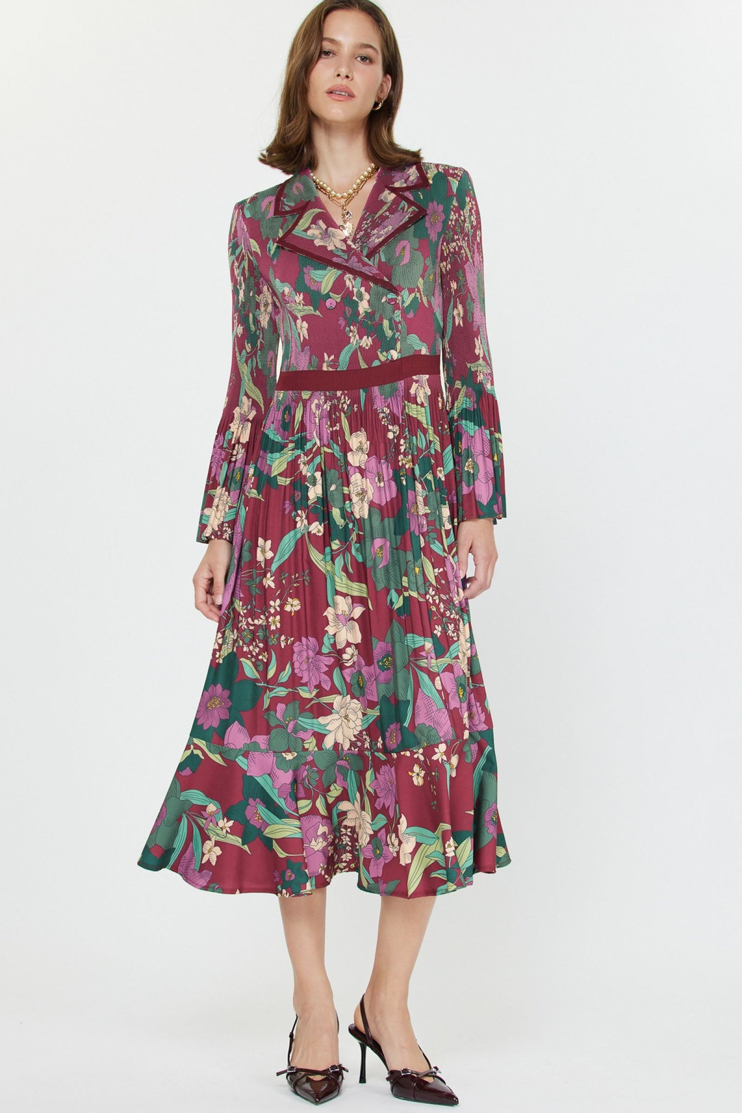 Notched Collar Pleated Midi Dress
