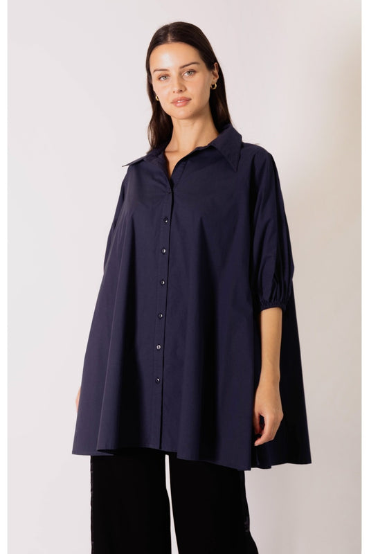 Poplin Puff Sleeve Side Slit Button Tunic