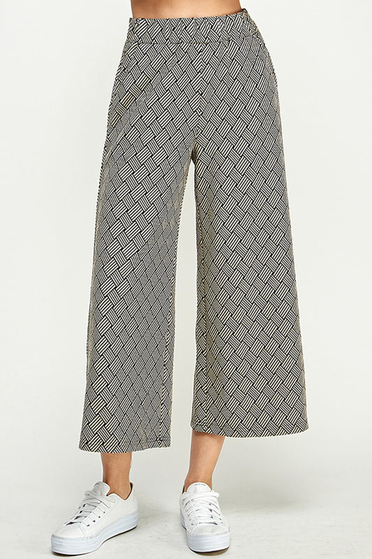 Brown Textured Wide Leg Cropped Pants