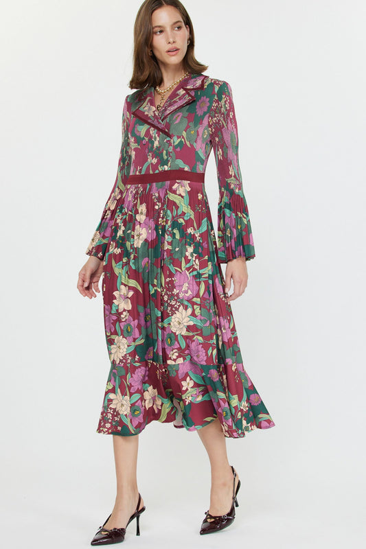 Notched Collar Pleated Midi Dress