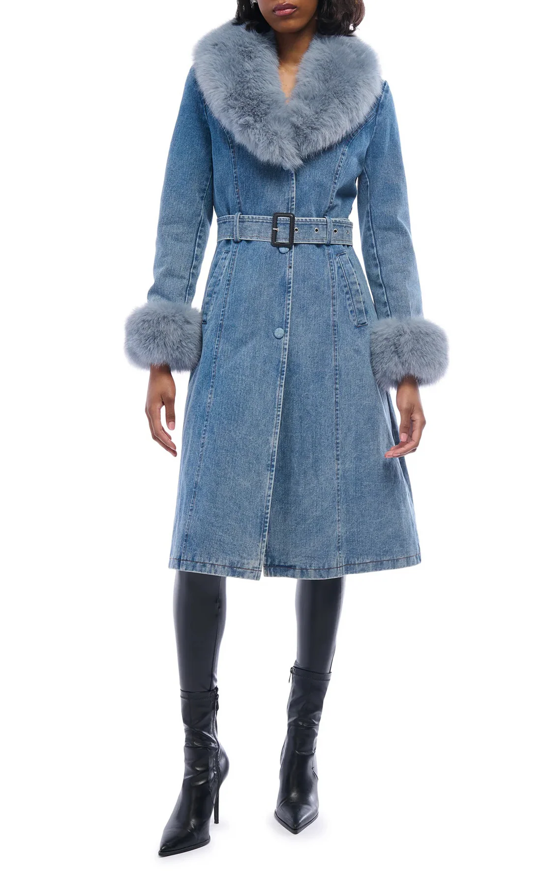 Kaya Denim Faux Fur Trench  Coat