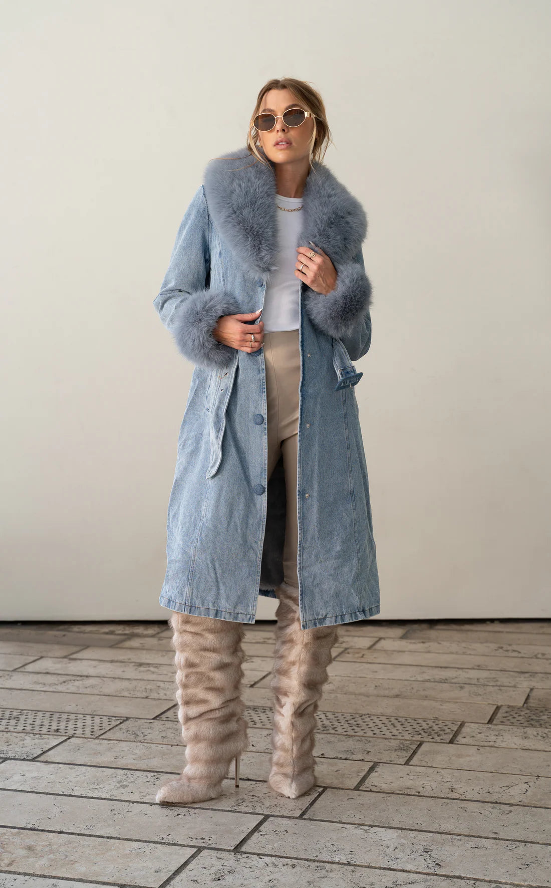 Kaya Denim Faux Fur Trench  Coat