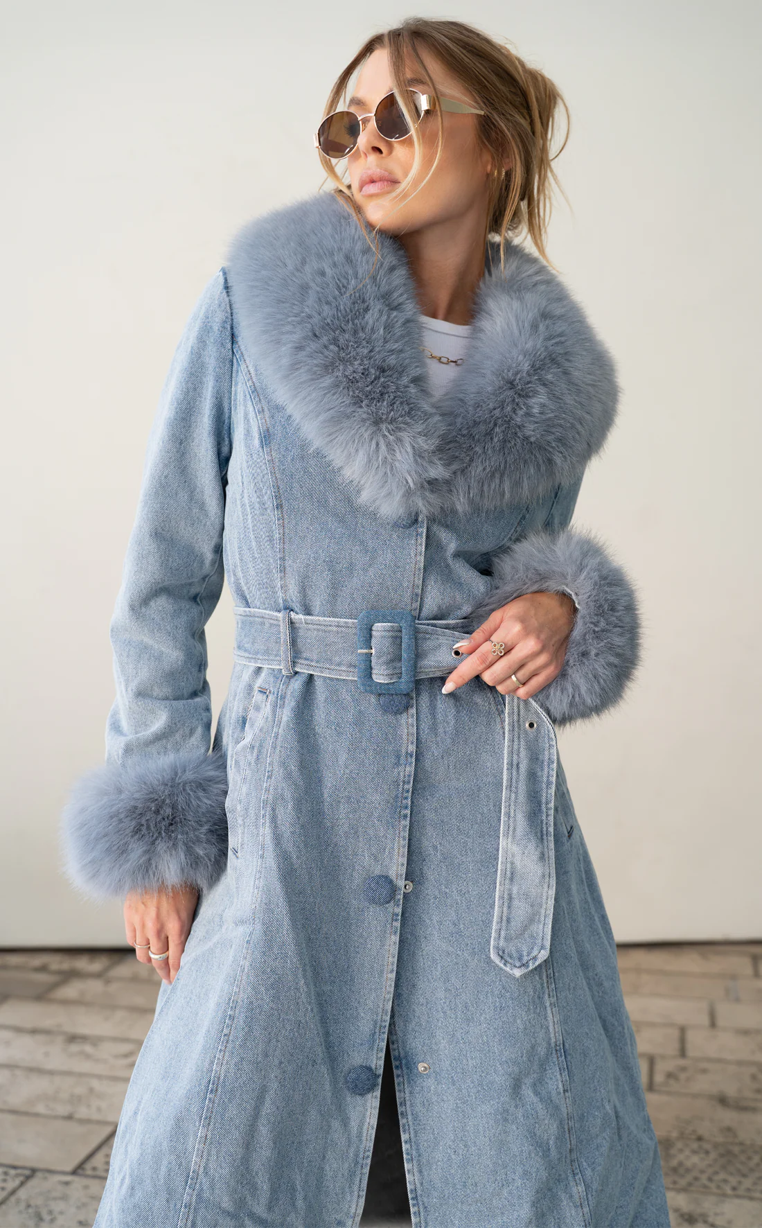 Kaya Denim Faux Fur Trench  Coat