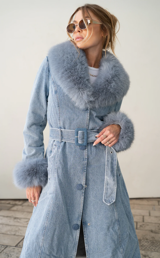 Kaya Denim Faux Fur Trench  Coat