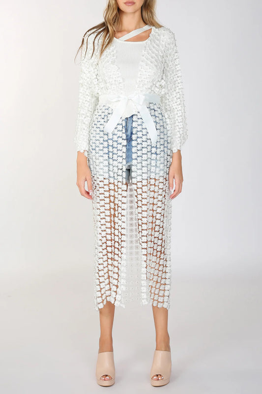 Long Shimmer Flower Mesh With Pearl Beads Kimono