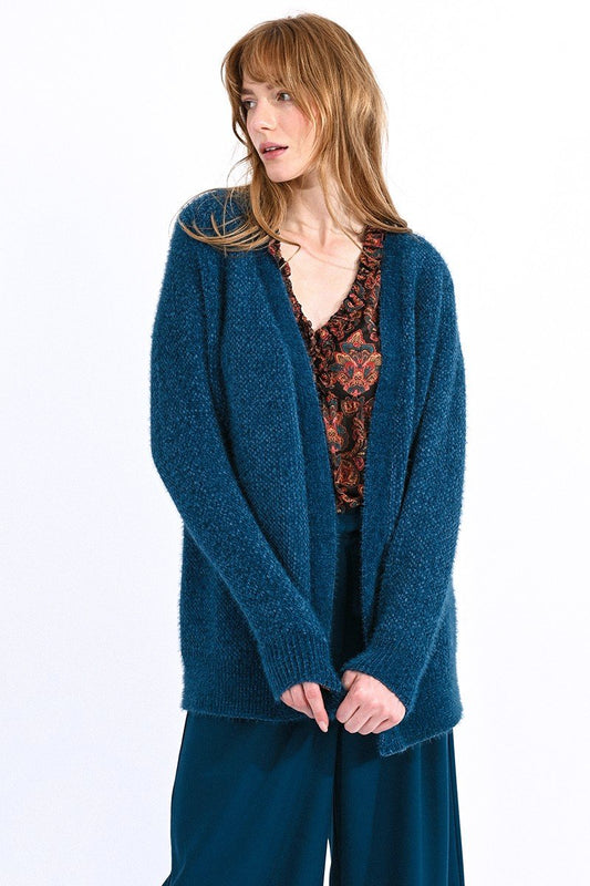 Open front Long cozy chenille knit cardigan with texture., long sleeves