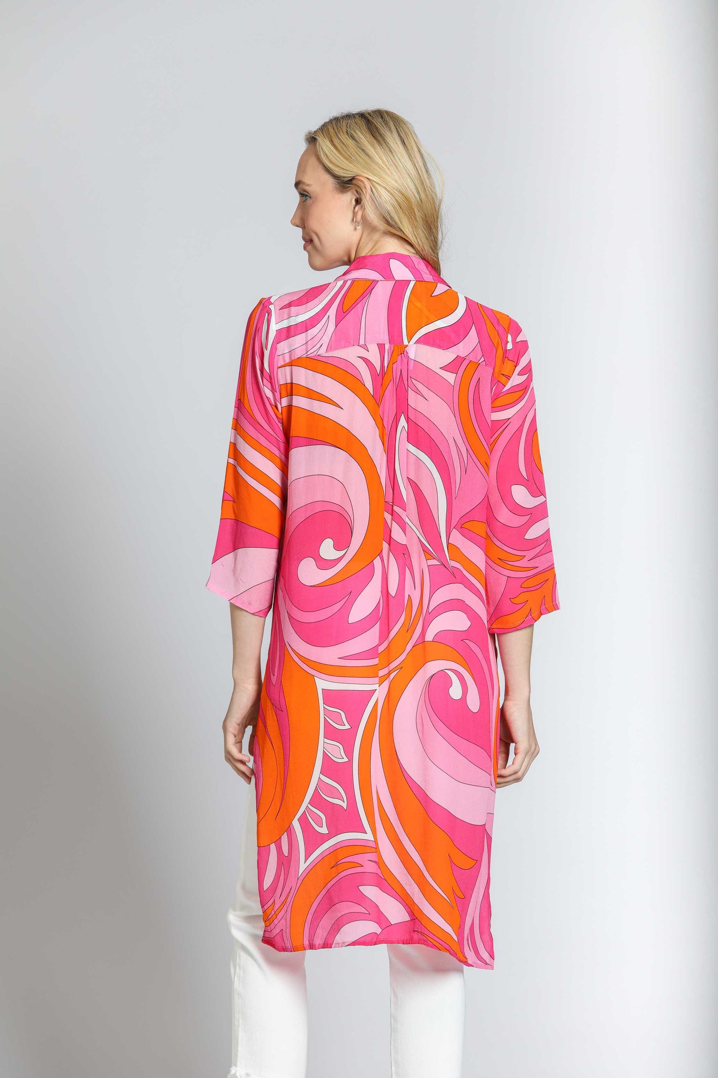 3/4 Sleeve Button-Up Side Slits Pink Orange Multi