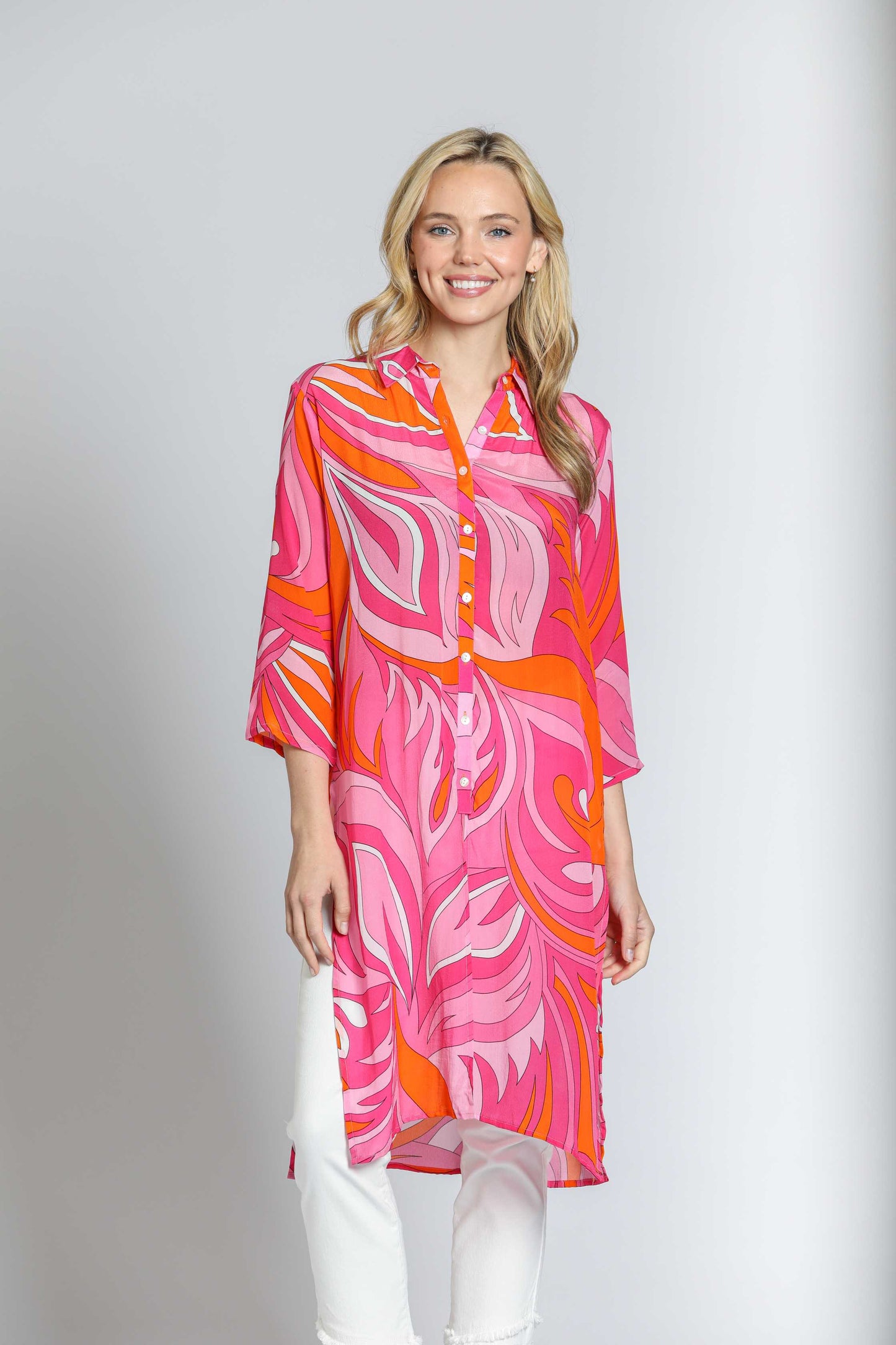 3/4 Sleeve Button-Up Side Slits Pink Orange Multi