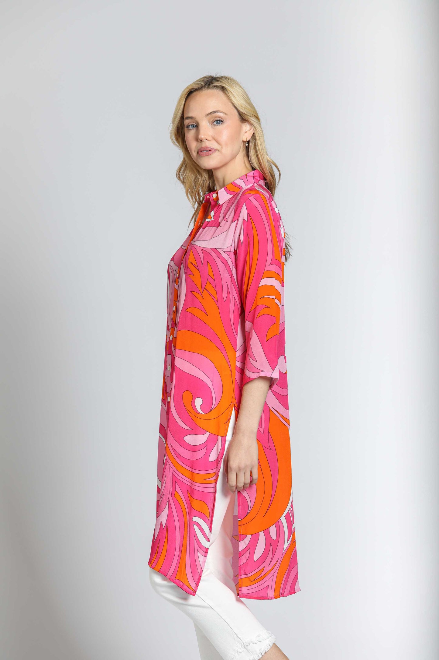 3/4 Sleeve Button-Up Side Slits Pink Orange Multi