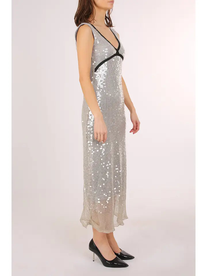 Sequined Mesh Contrast Scoop Neck Dress