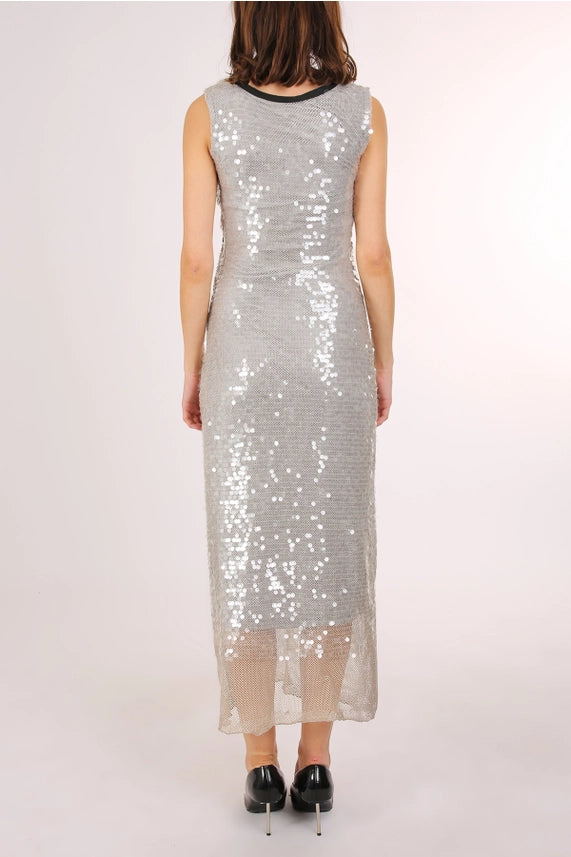 Sequined Mesh Contrast Scoop Neck Dress