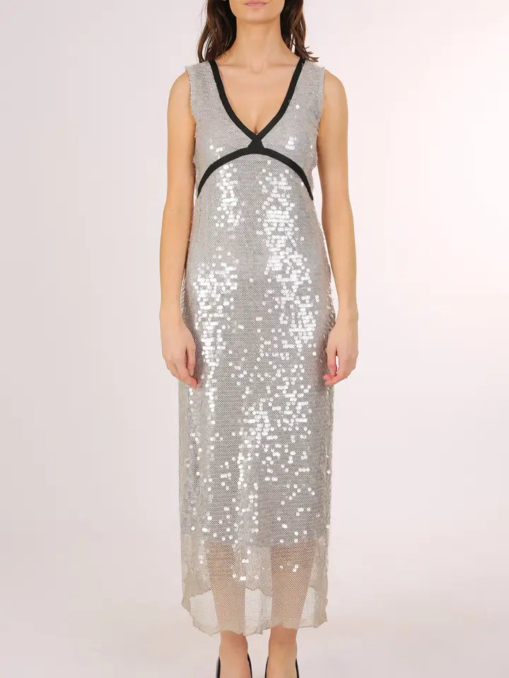 Sequined Mesh Contrast Scoop Neck Dress