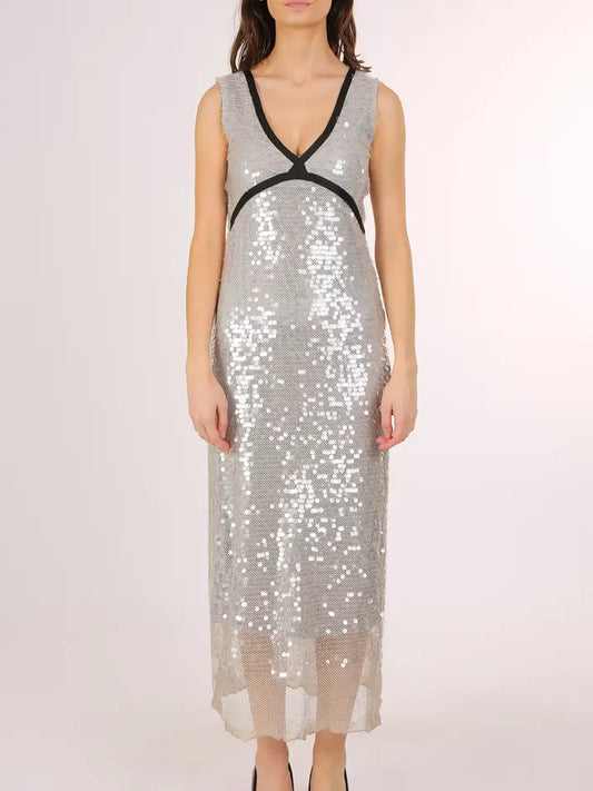 Sequined Mesh Contrast Scoop Neck Dress