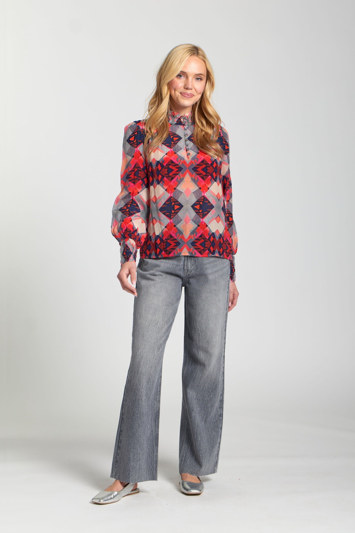 Puff Sleeve Blouse W/Ruched Detail-RED Top