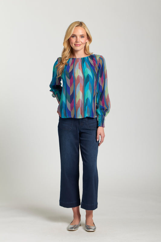 Pullover T18P/C142 Turq.Multi w/ Smocked Cuff Blouse