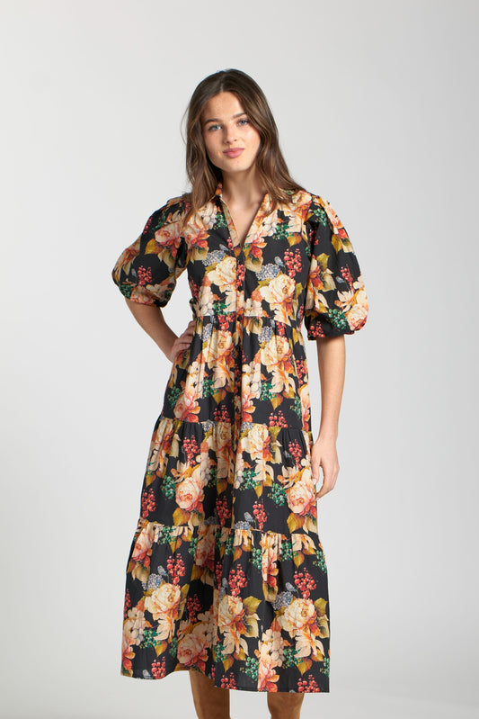 Long Tiered Dress w/ Elbow Sleeves-BLACK MULTI