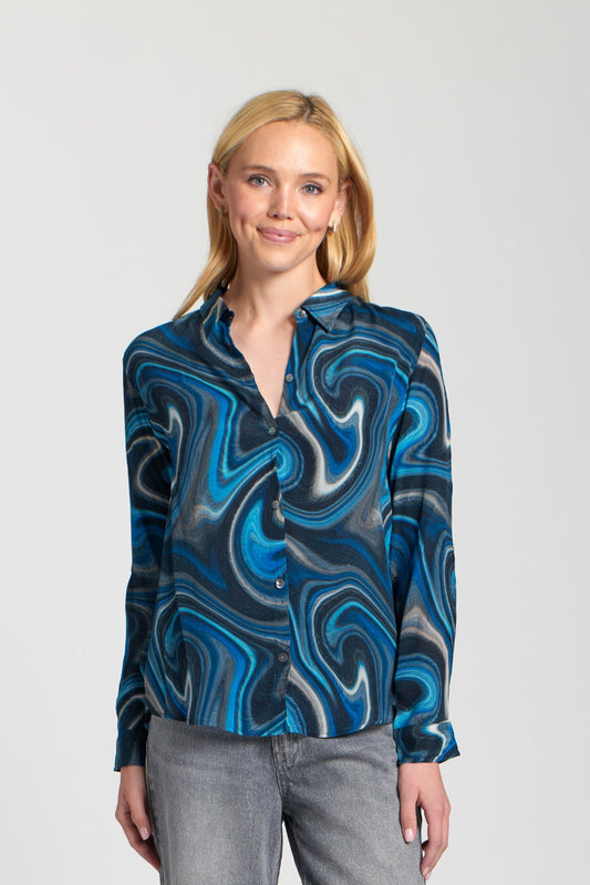 Button-Up w/Roll up Sleeve Blue Multi Top