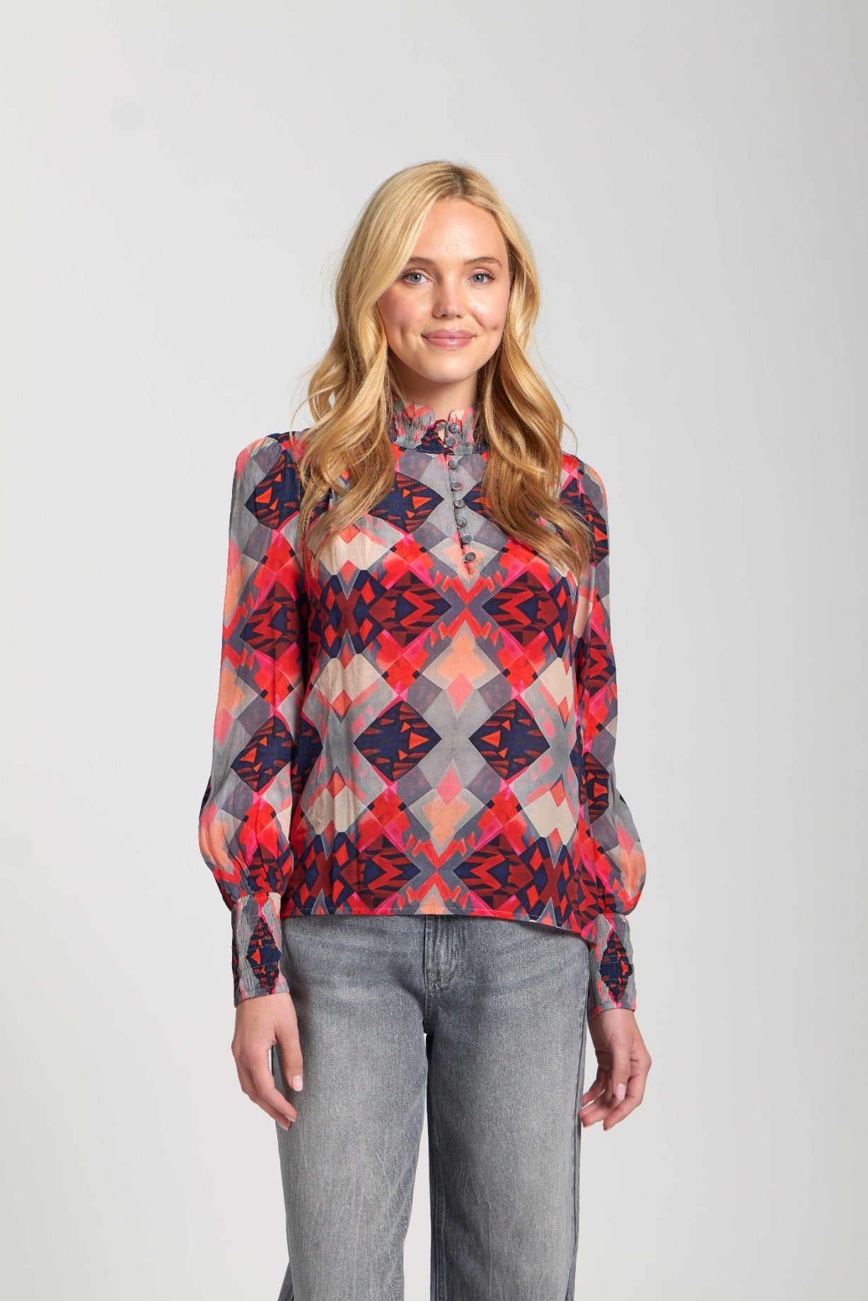 Puff Sleeve Blouse W/Ruched Detail-RED Top