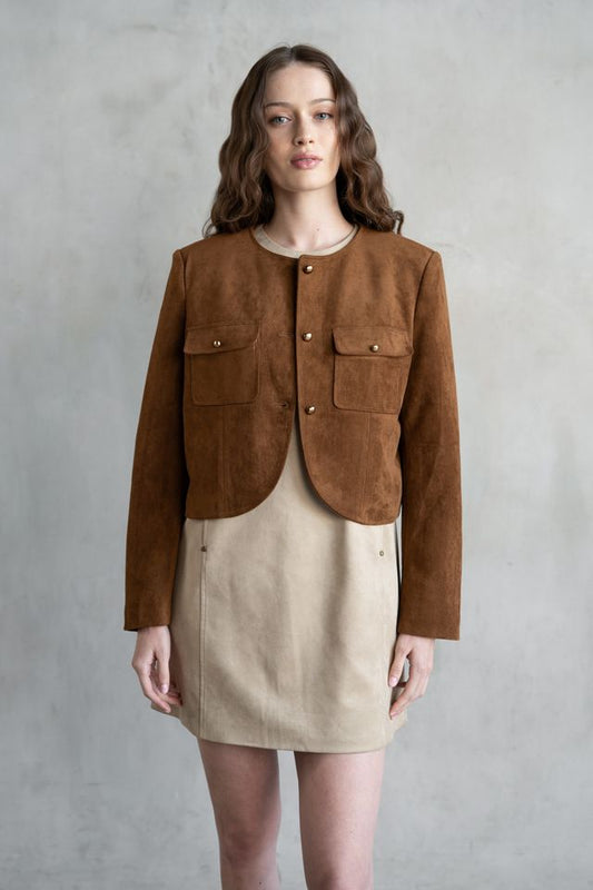Crop Collarless Suede Jacket